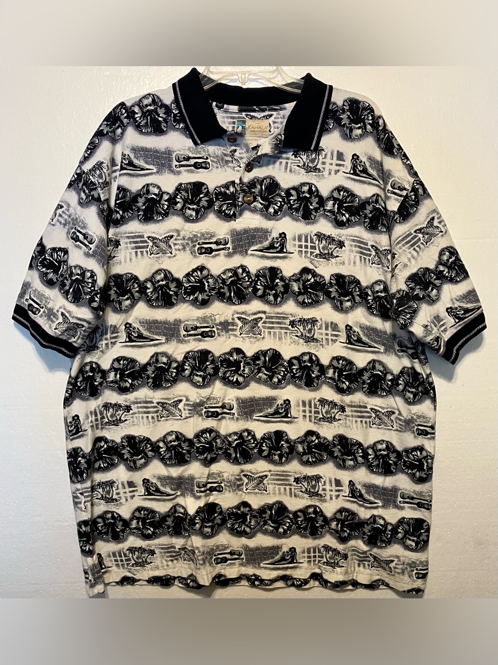 Kahala Men’s XL Black & White Patterned Hawaiian Polo Shirt